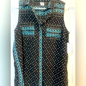 NWT SZ M Anthropologie Tunic black and turquoise sleeveless shirt
